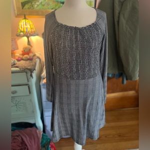 Derek Heart Stretch Plaid Dress L Black White Elastic Ruched Bodice VGUC